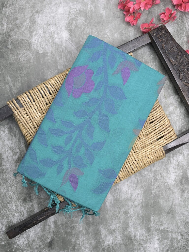 Bengali cotton saree sky blue color allover weaves and weaving border with weaving pallu