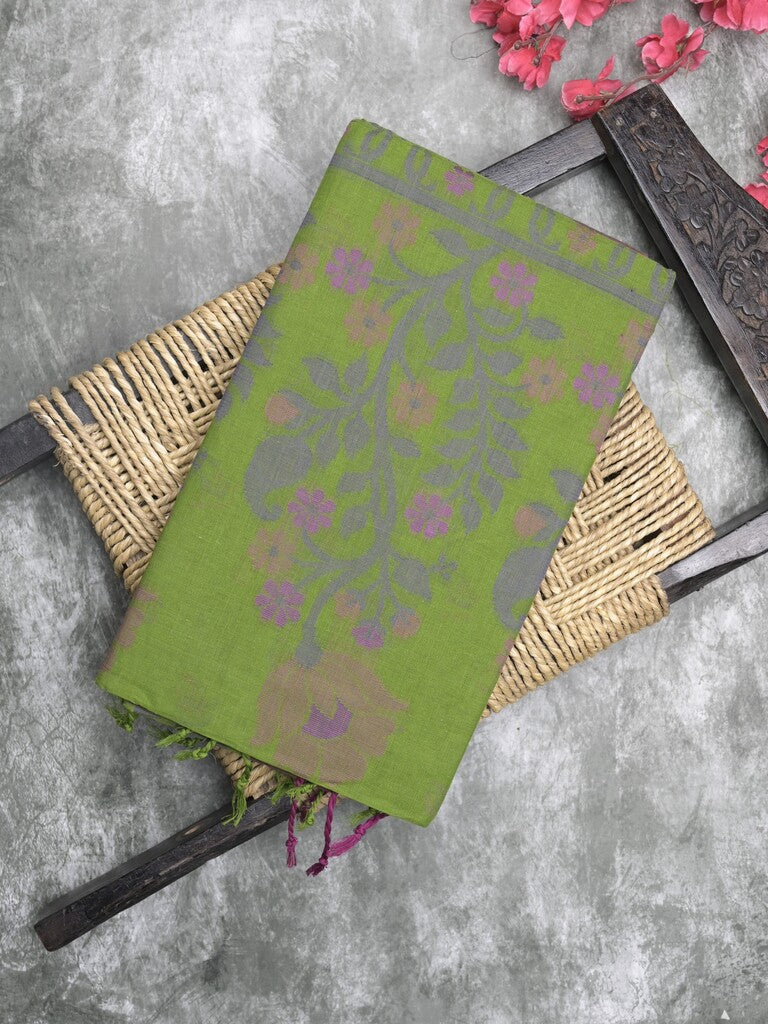 Bengali cotton saree bottle green color allover weaves and weaving border with weaving pallu