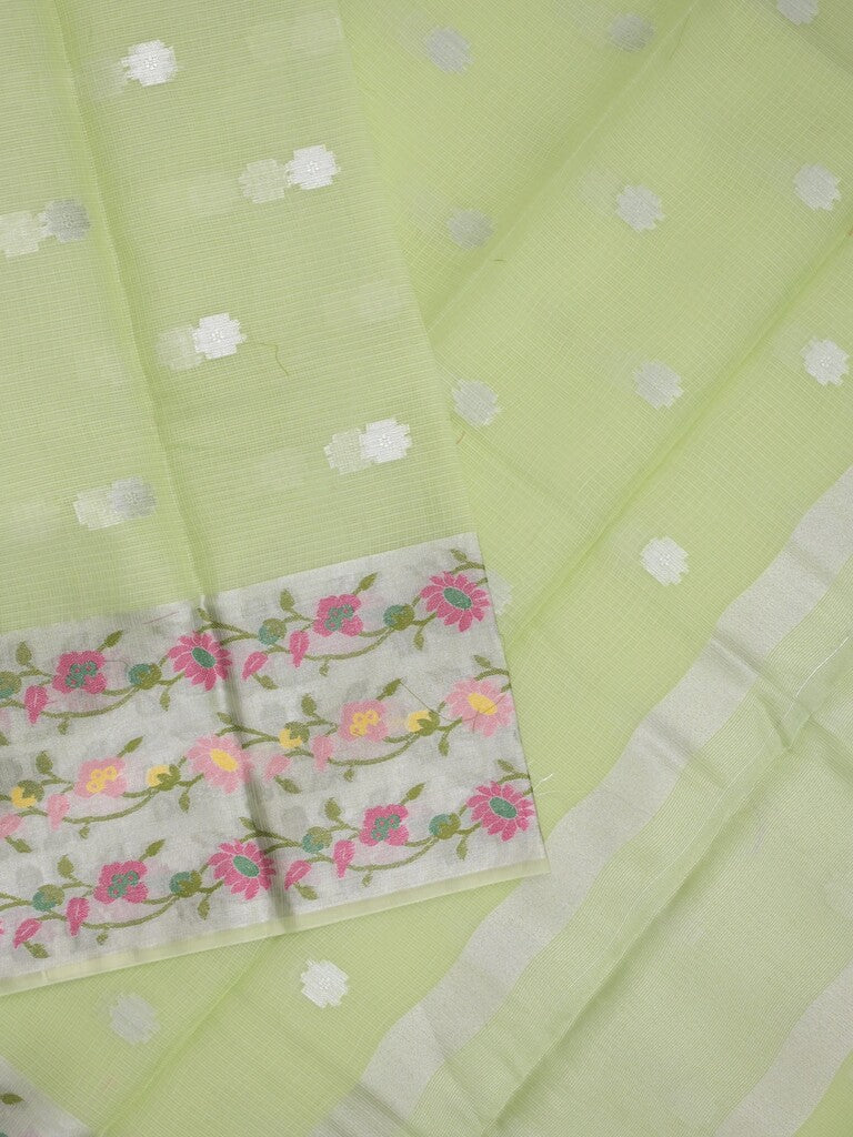 Kota fancy saree light green color allover zari motifs & zari border with self pallu and running blouse