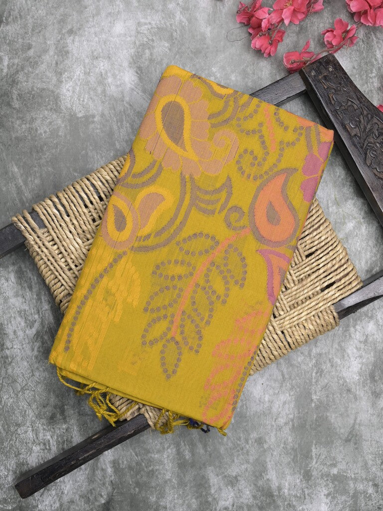 Bengali cotton saree golden yellow color allover weaves and weaving border with weaving pallu