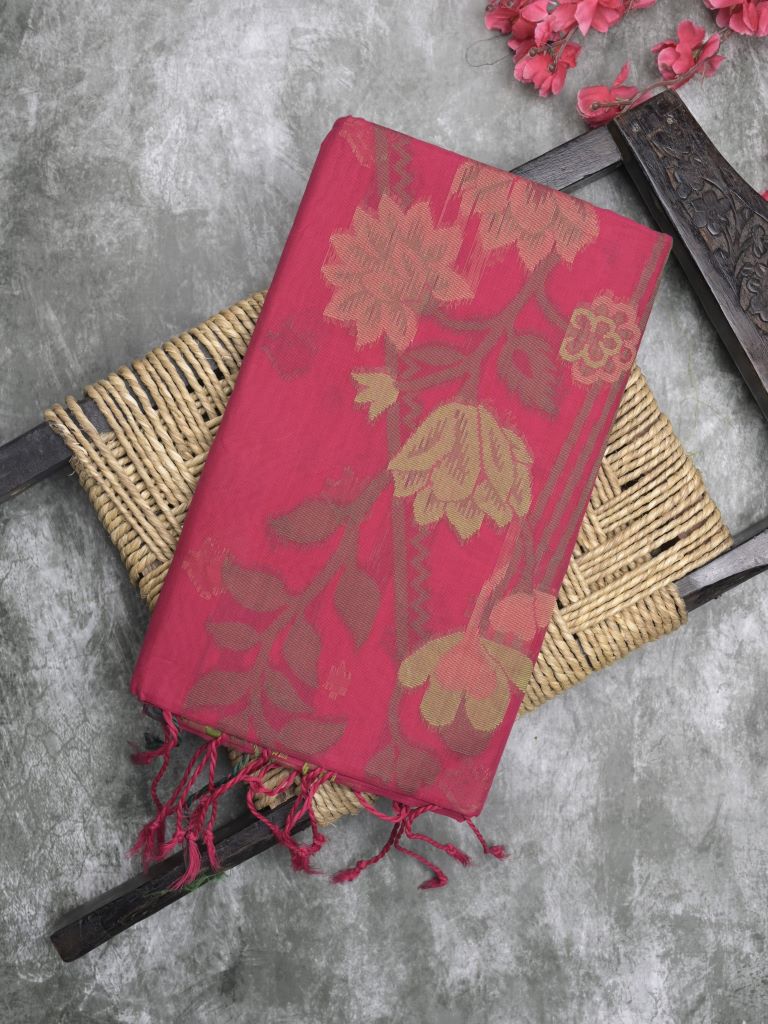 Bengali cotton saree dark pink color allover weaves and weaving border with weaving pallu