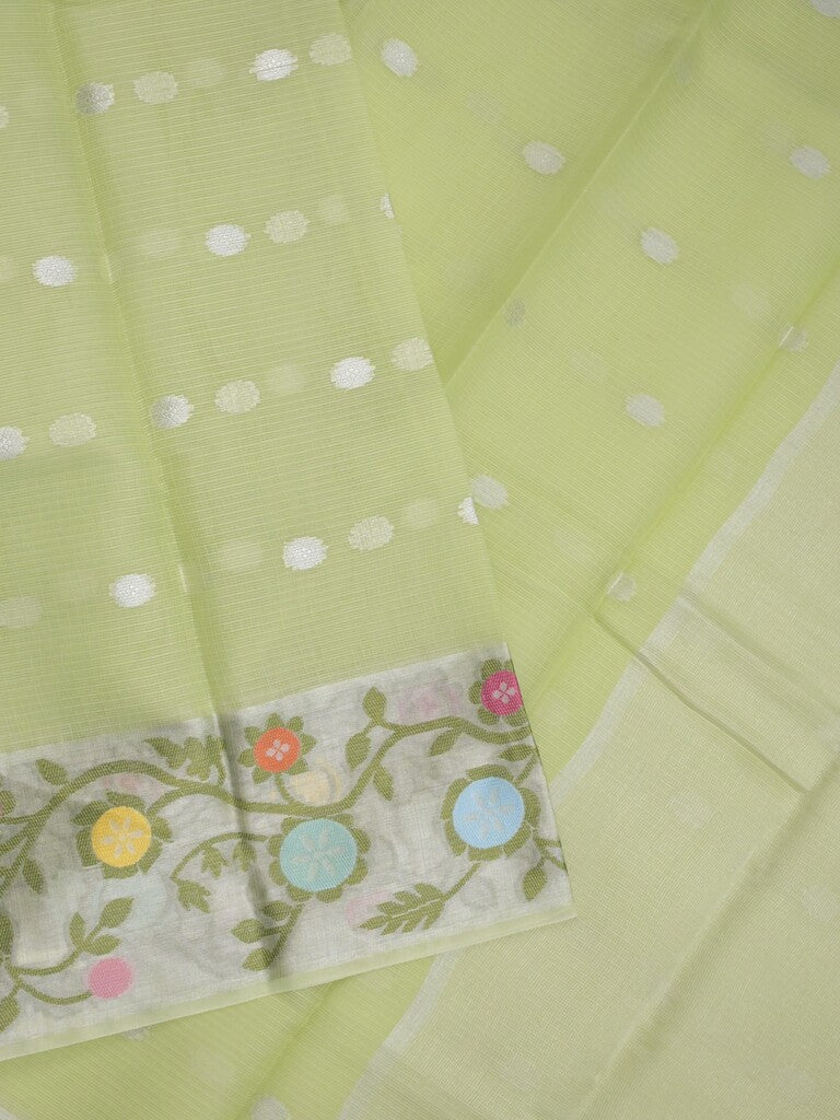 Kota fancy saree light green color allover zari motifs & zari border with self pallu and running blouse