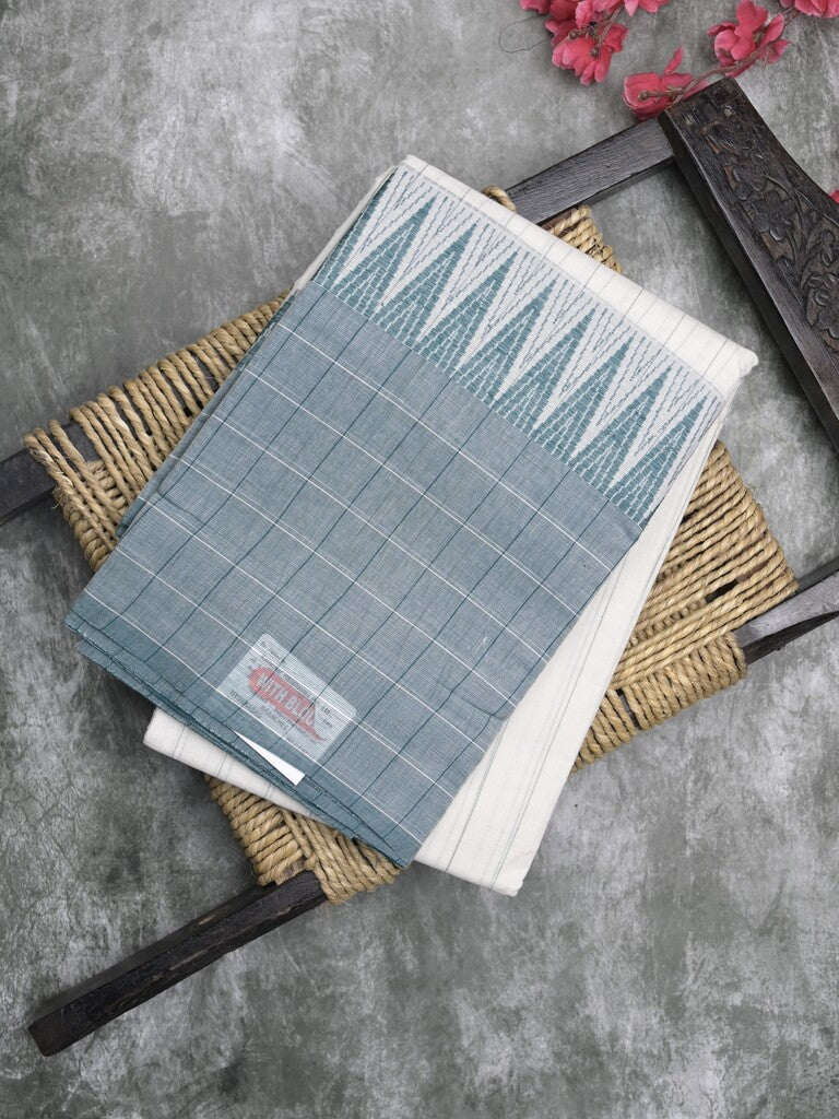 Village cotton saree white & bluish grey color allover checks & checks border with contrast pallu and contrast blouse
