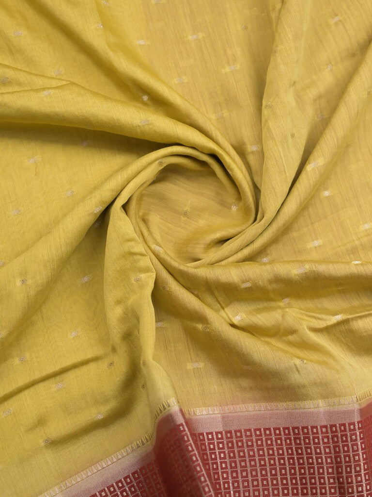 Maheshwari fancy saree light yellow color allover zari motifs & zari border with contrast pallu and attached blouse