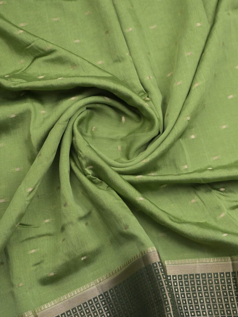 Maheshwari fancy saree pista green color allover zari motifs & zari border with contrast pallu and attached blouse