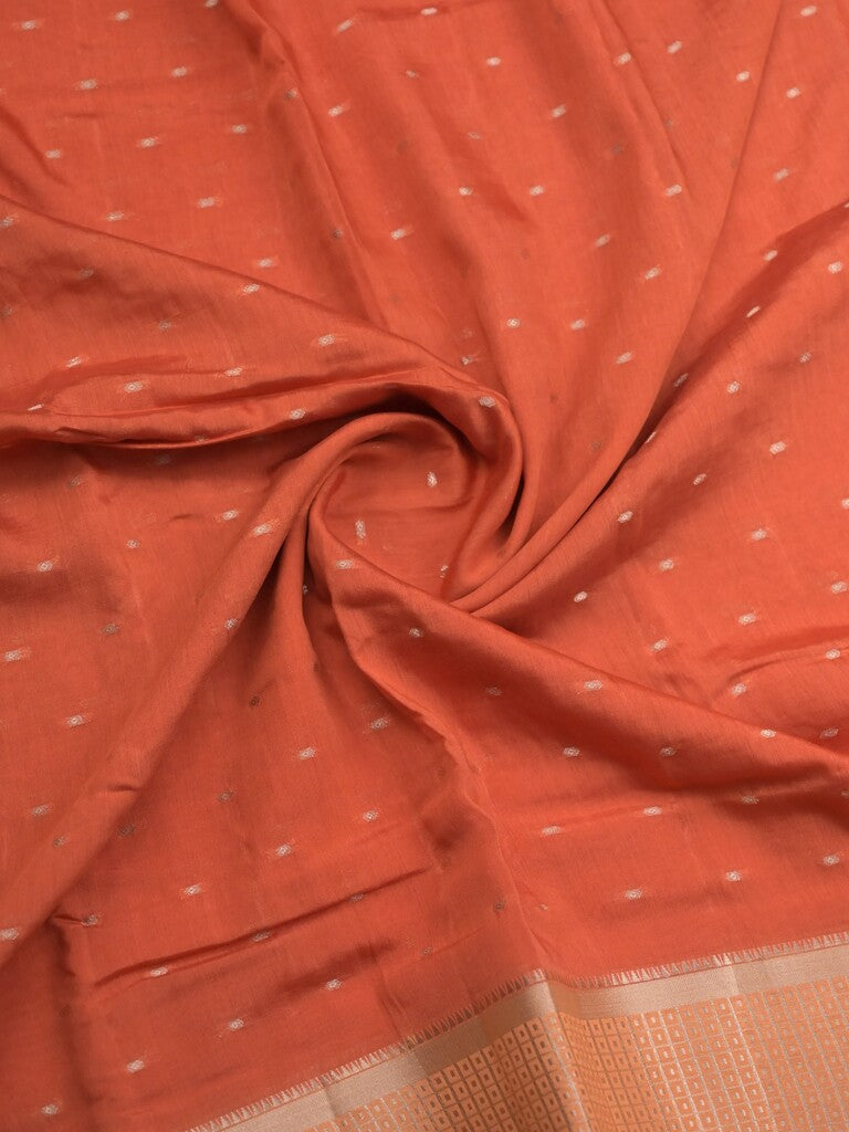 Maheshwari fancy saree orange color allover zari motifs & zari border with contrast pallu and attached blouse