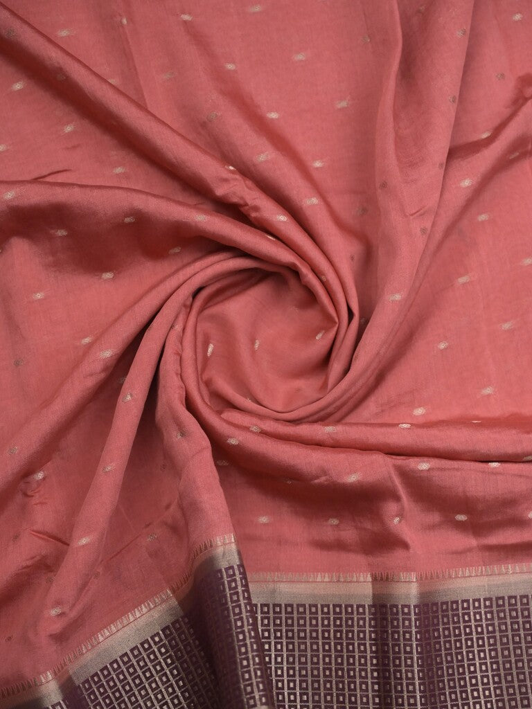 Maheshwari fancy saree light pink color allover zari motifs & zari border with contrast pallu and attached blouse