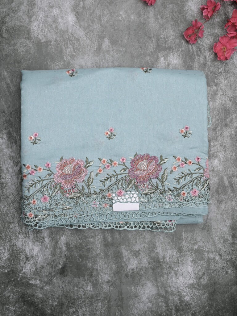 Tussar fancy saree light blue color allover embroidery motifs & embroidery border with running pallu and plain blouse