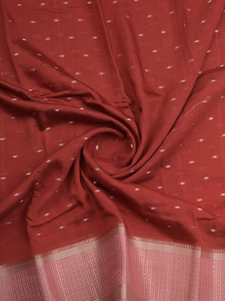 Maheshwari fancy saree maroon color allover zari motifs & zari border with contrast pallu and attached blouse