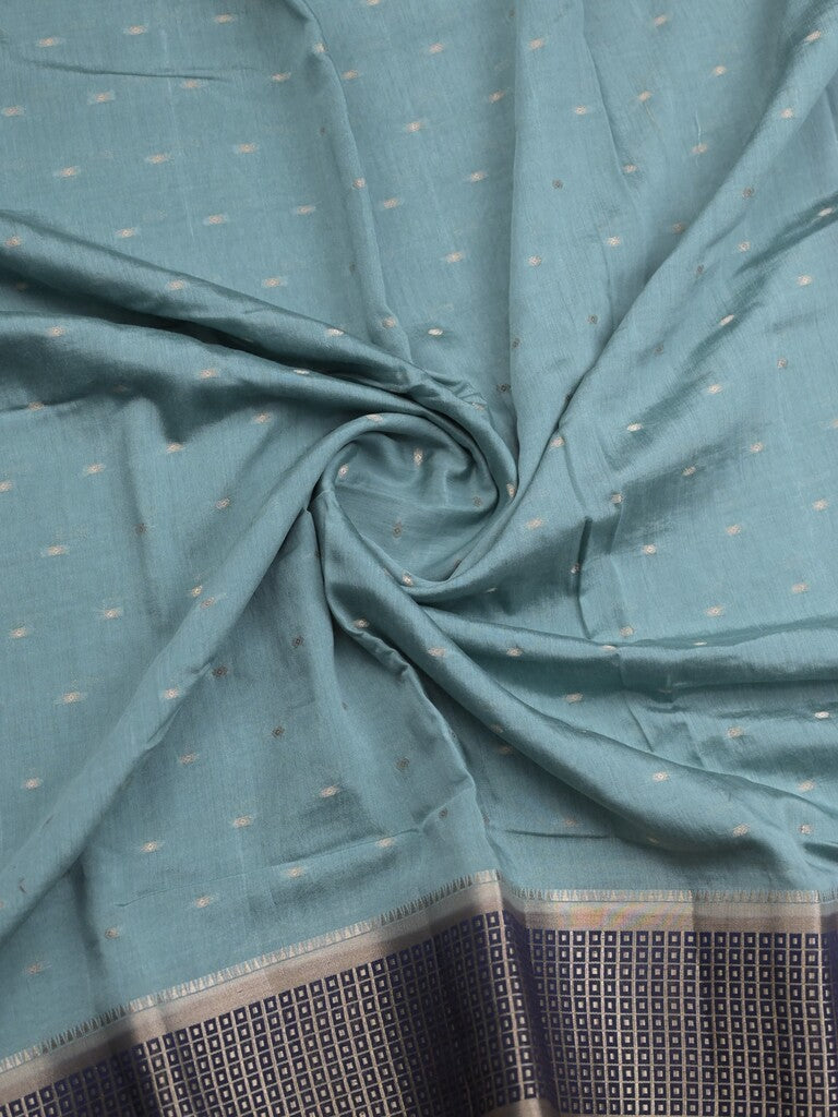 Maheshwari fancy saree sky blue color allover zari motifs & zari border with contrast pallu and attached blouse