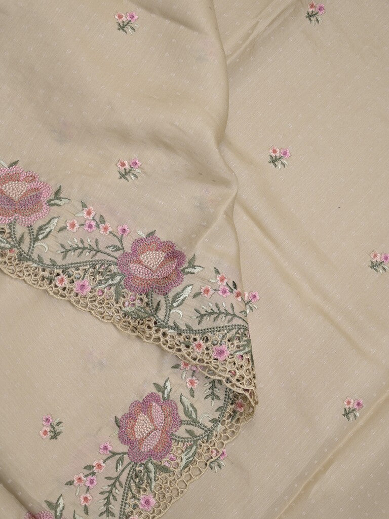 Tussar fancy saree light beige color allover embroidery motifs & embroidery border with running pallu and plain blouse