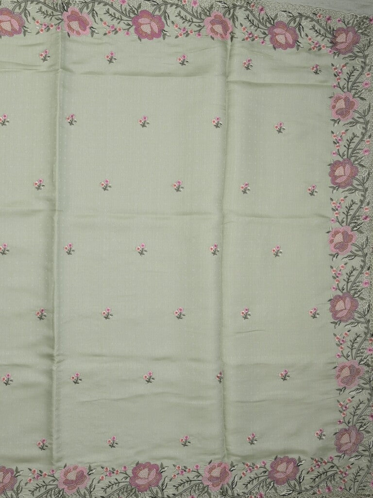 Tussar fancy saree light pista green color allover embroidery motifs & embroidery border with running pallu and plain blouse