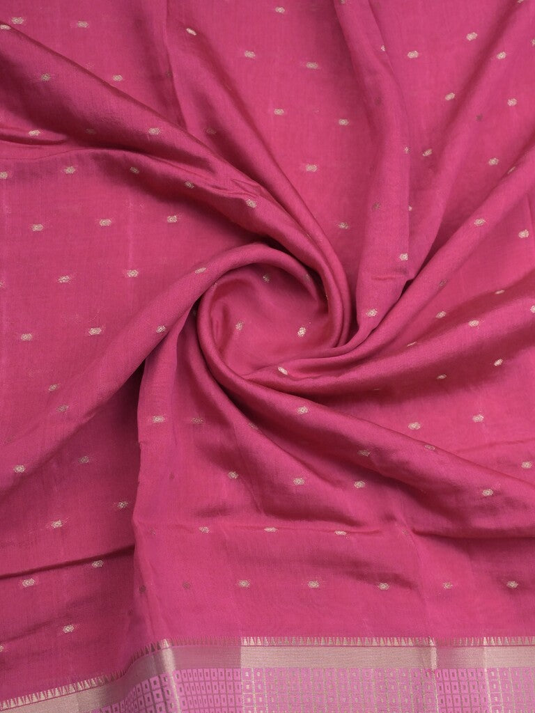 Maheshwari fancy saree pink color allover zari motifs & zari border with contrast pallu and attached blouse