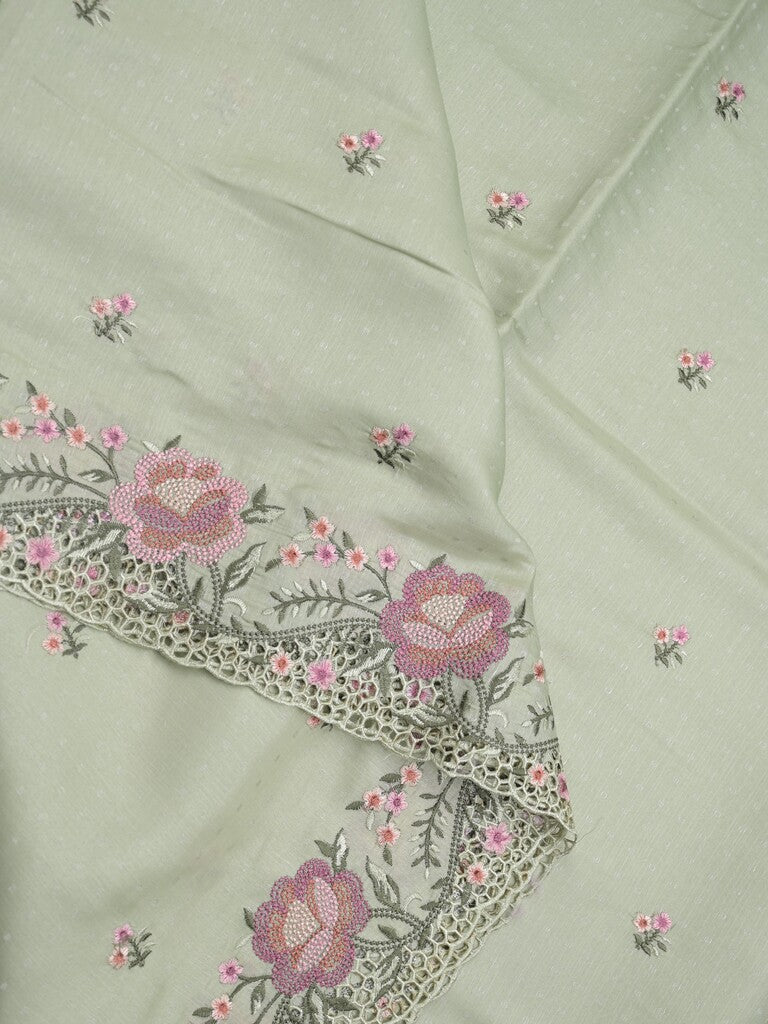 Tussar fancy saree light pista green color allover embroidery motifs & embroidery border with running pallu and plain blouse