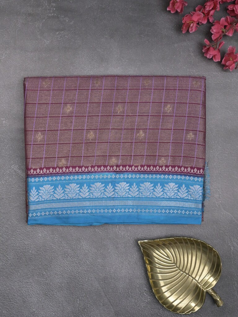 Dupion tissue fancy sarees dark purple color allover zari motifs & zari border with rich pallu and contrast blouse