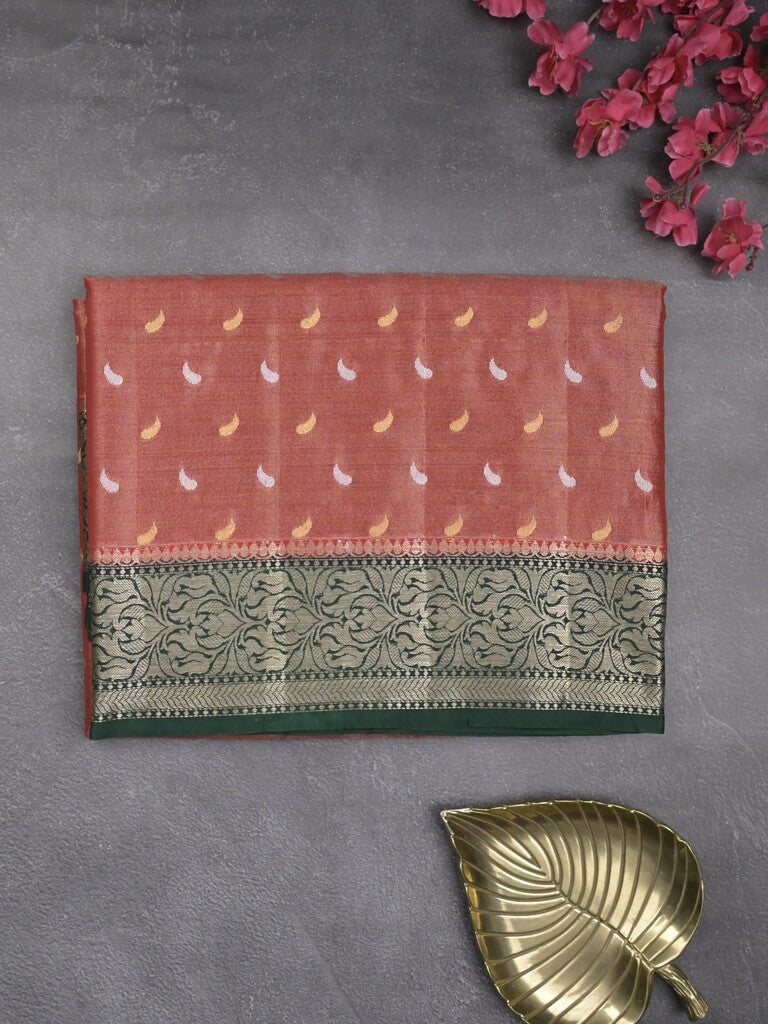 Dupion tissue fancy sarees red color allover zari motifs & zari border with rich pallu and contrast blouse