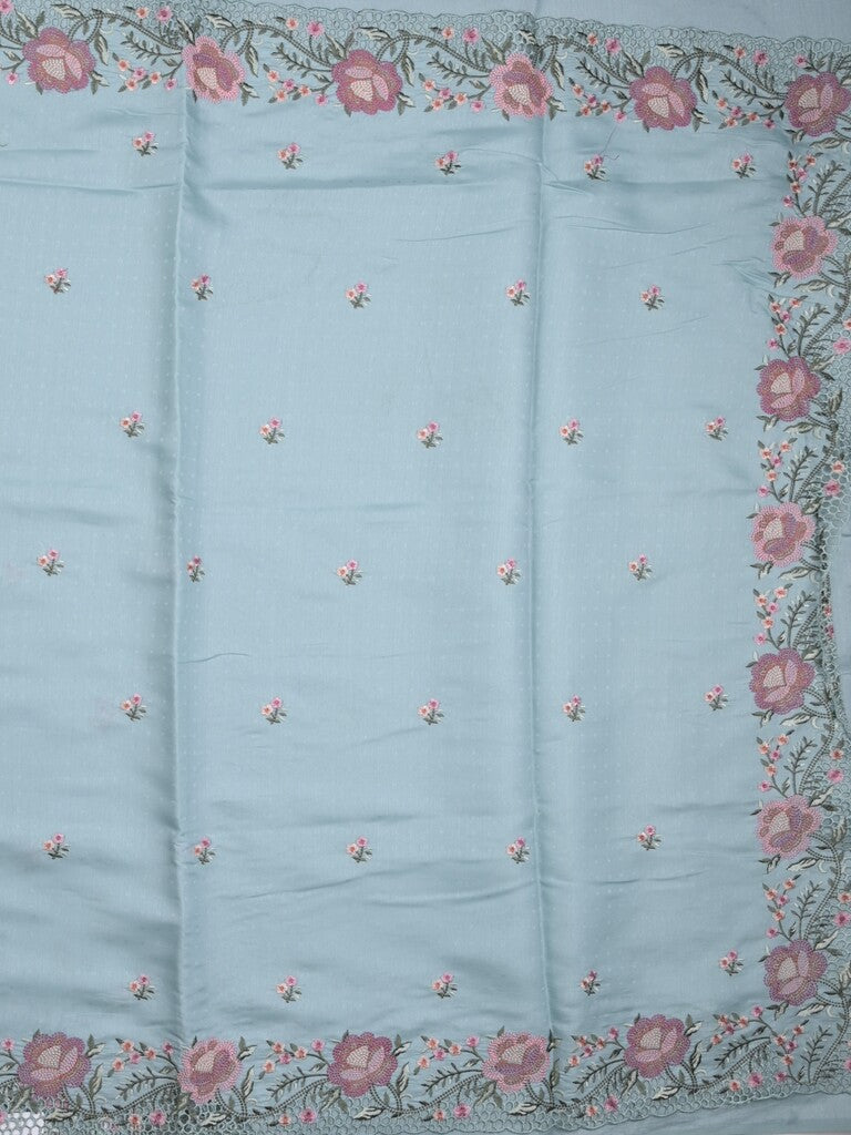 Tussar fancy saree light blue color allover embroidery motifs & embroidery border with running pallu and plain blouse