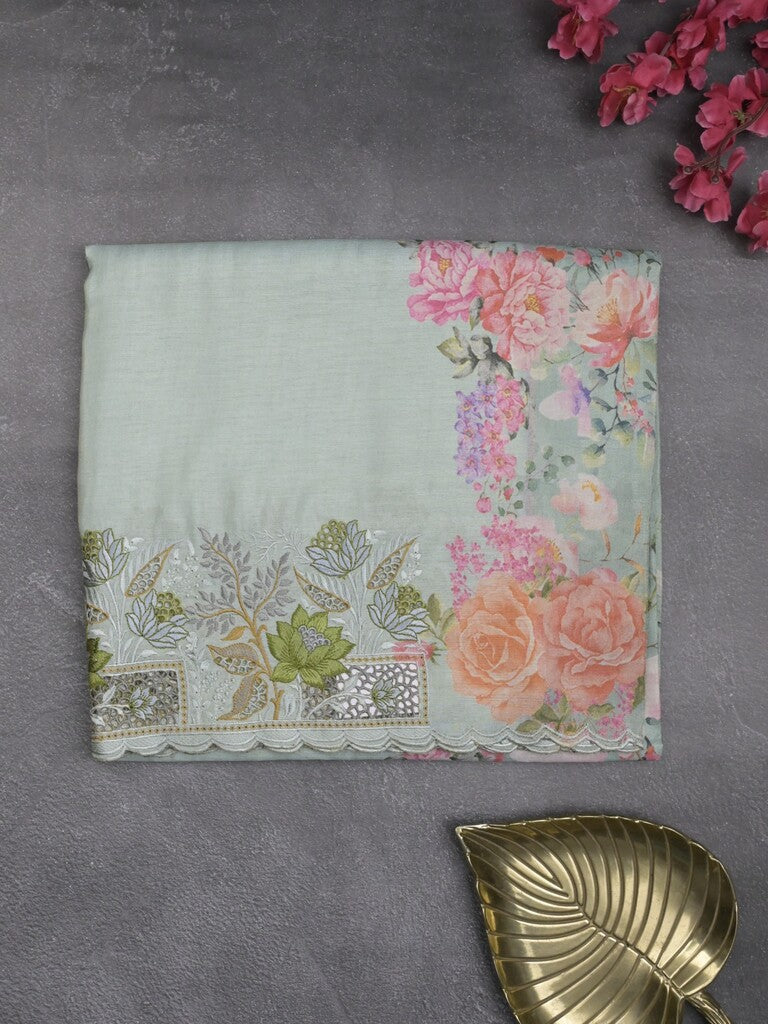 Dola tissue fancy sarees pastel blue color allover plain & embroidery border with printed pallu and printed blouse