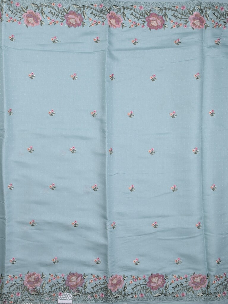 Tussar fancy saree light blue color allover embroidery motifs & embroidery border with running pallu and plain blouse