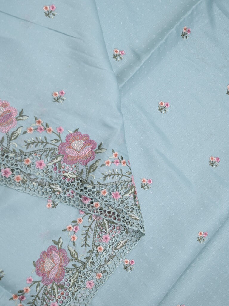 Tussar fancy saree light blue color allover embroidery motifs & embroidery border with running pallu and plain blouse