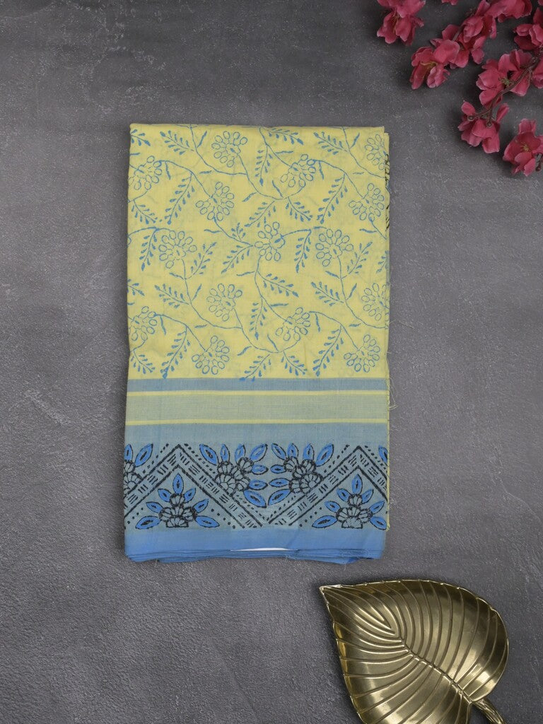 Mangalagiri cotton saree pastel yellow color allover prints & contrast border with printed pallu and self blouse