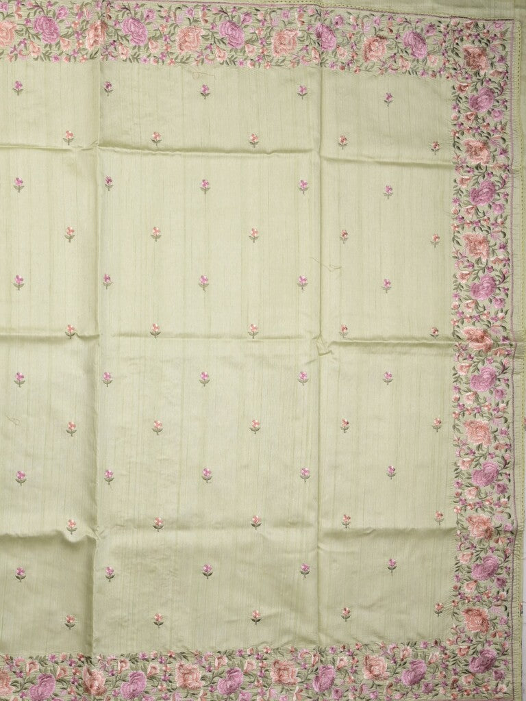 Tussar fancy saree light pista green color allover embroidery motifs & embroidery border with running pallu and printed blouse