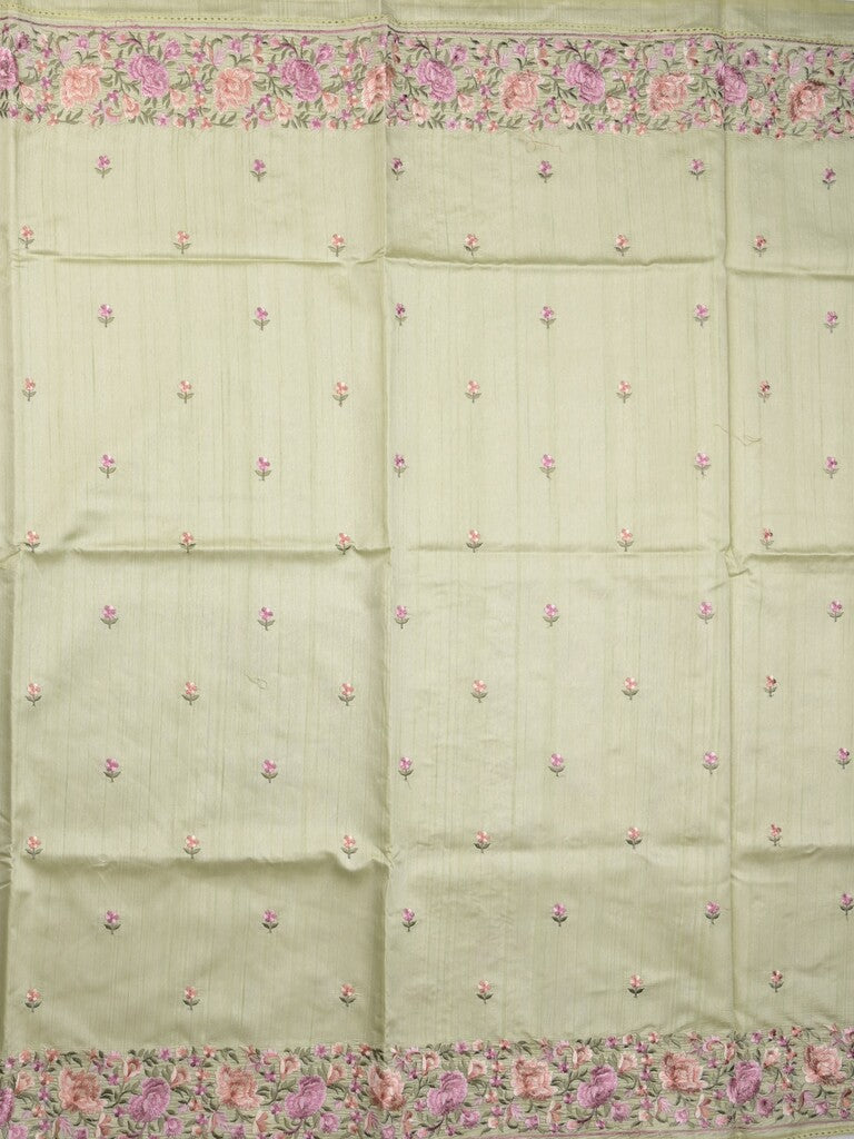 Tussar fancy saree light pista green color allover embroidery motifs & embroidery border with running pallu and printed blouse
