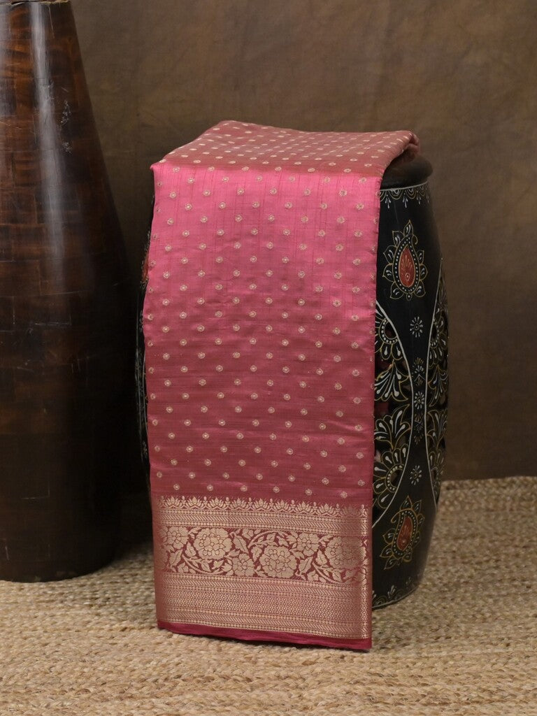 Dupion fancy saree pink color allover zari motifs & zari border with stripes pallu and running blouse