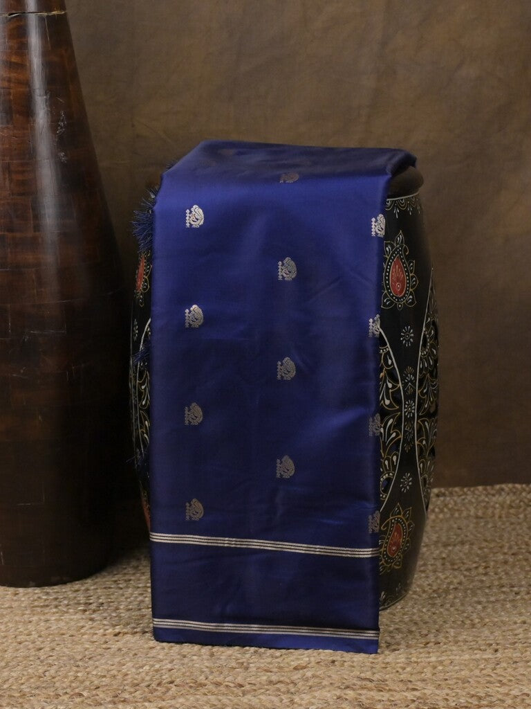 Satin silk fancy saree royal blue color allover zari motifs & zari border with rich pallu and contrast blouse