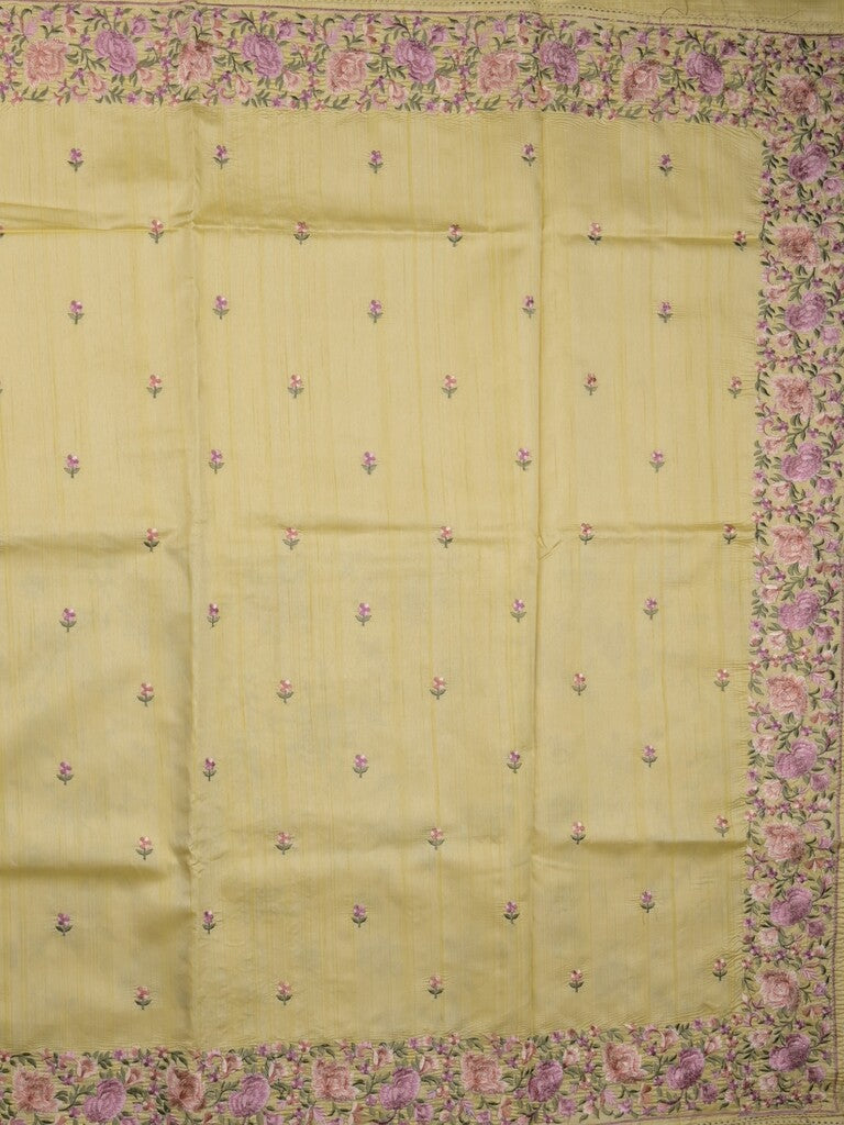 Tussar fancy saree light yellow color allover embroidery motifs & embroidery border with running pallu and printed blouse