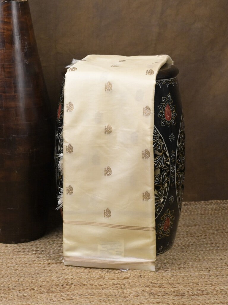 Satin silk fancy saree white color allover zari motifs & zari border with rich pallu and contrast blouse