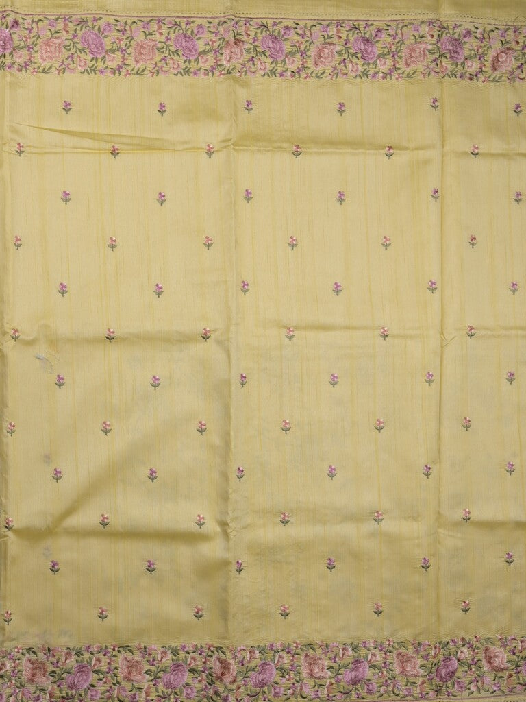 Tussar fancy saree light yellow color allover embroidery motifs & embroidery border with running pallu and printed blouse