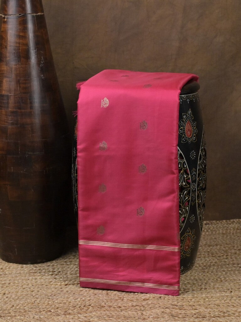 Satin silk fancy saree pink color allover zari motifs & zari border with rich pallu and contrast blouse