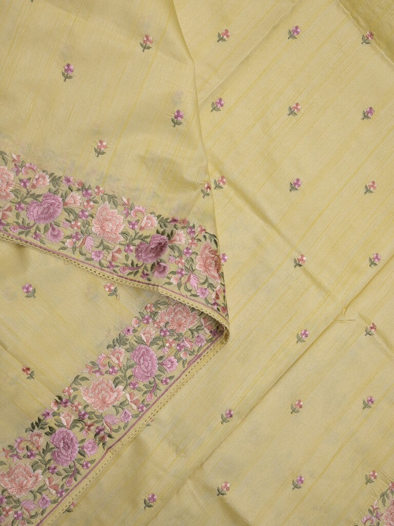 Tussar fancy saree light yellow color allover embroidery motifs & embroidery border with running pallu and printed blouse