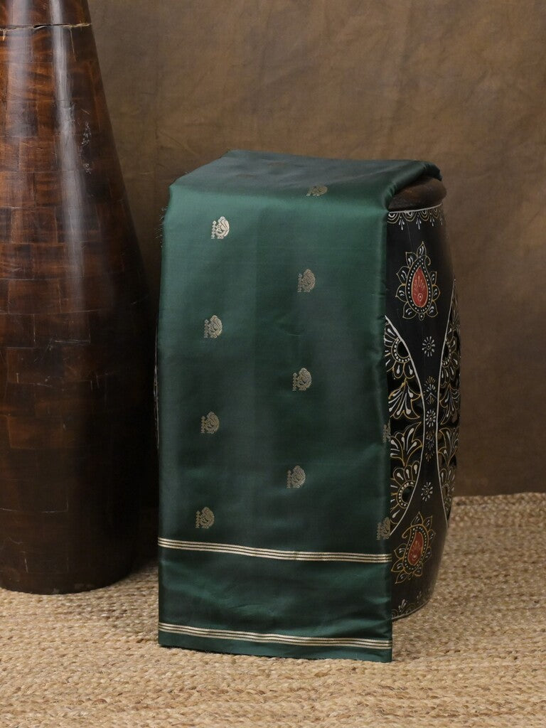 Satin silk fancy saree dark green color allover zari motifs & zari border with rich pallu and contrast blouse