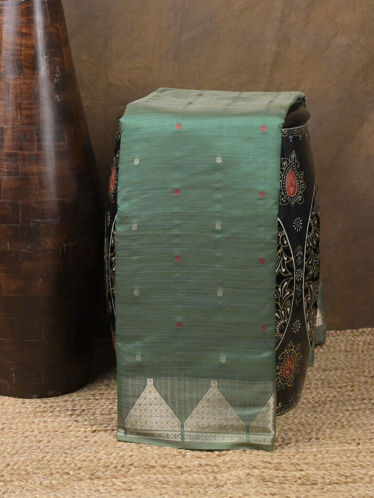 Dupion fancy saree dark green color allover zari motifs & zari border with zari pallu and running blouse