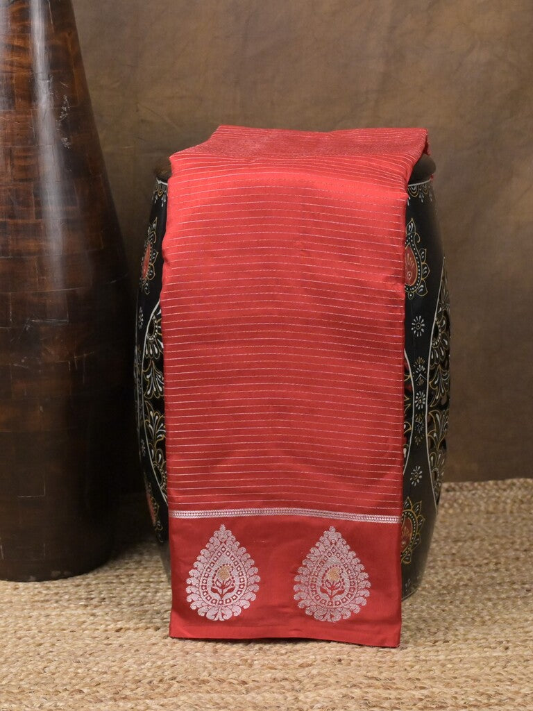 Dupion fancy saree red color allover zari motifs & zari border with zari pallu and contrast blouse