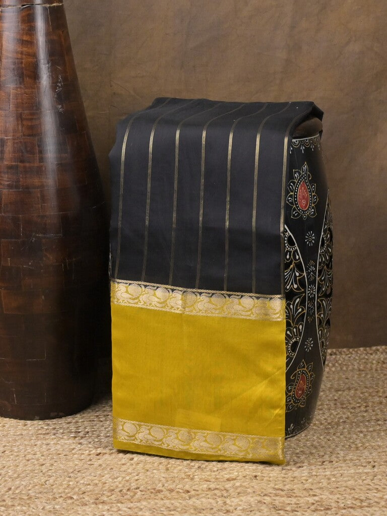 Maheshwari fancy saree black color allover zari motifs & zari border with zari pallu and contrast blouse