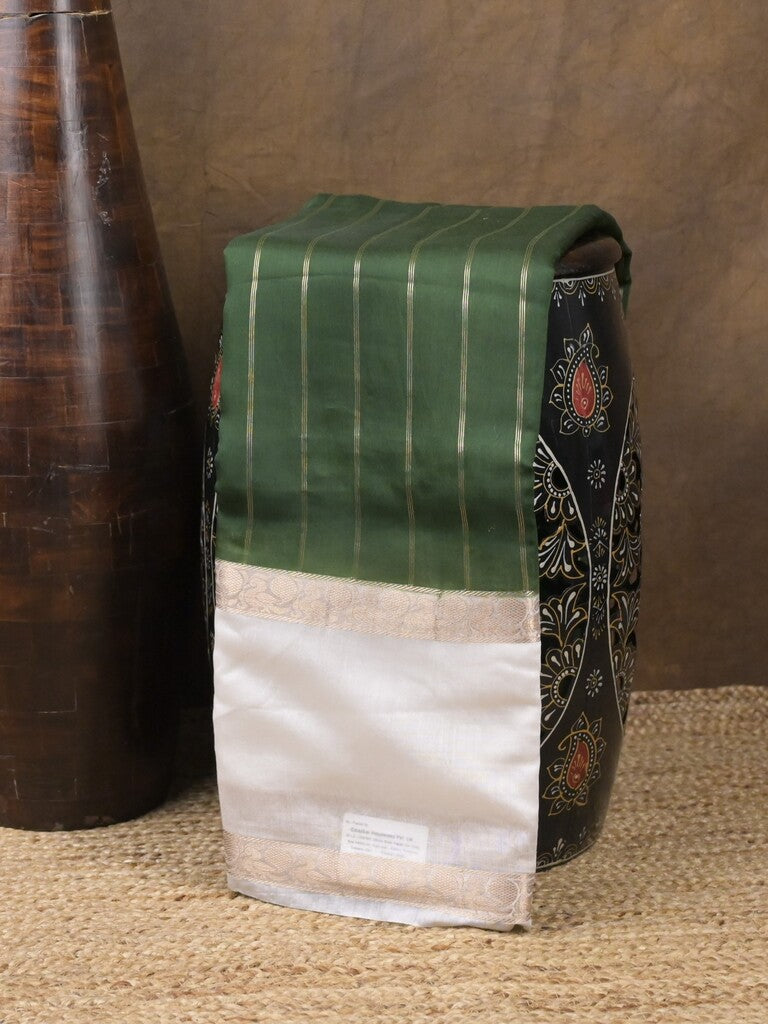 Maheshwari fancy saree bottle green color allover zari motifs & zari border with zari pallu and contrast blouse