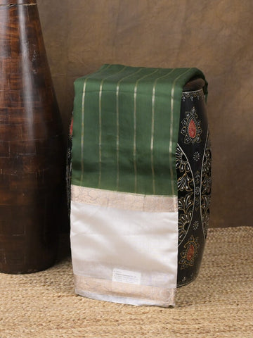 Maheshwari fancy saree bottle green color allover zari motifs & zari border with zari pallu and contrast blouse