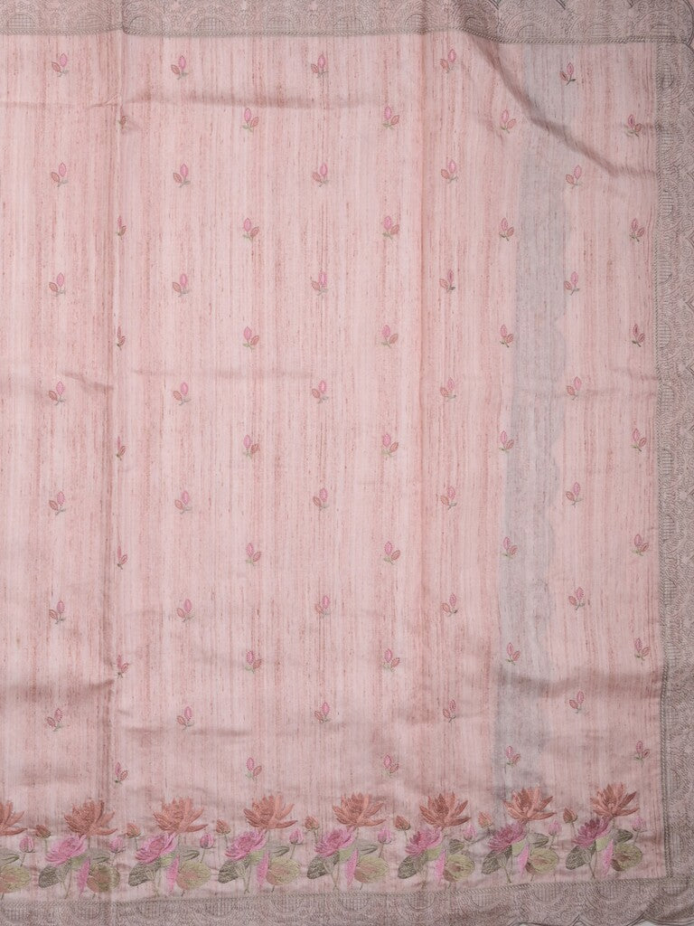 Tussar fancy saree baby pink color allover embroidery motifs & embroidery border with running pallu and plain blouse