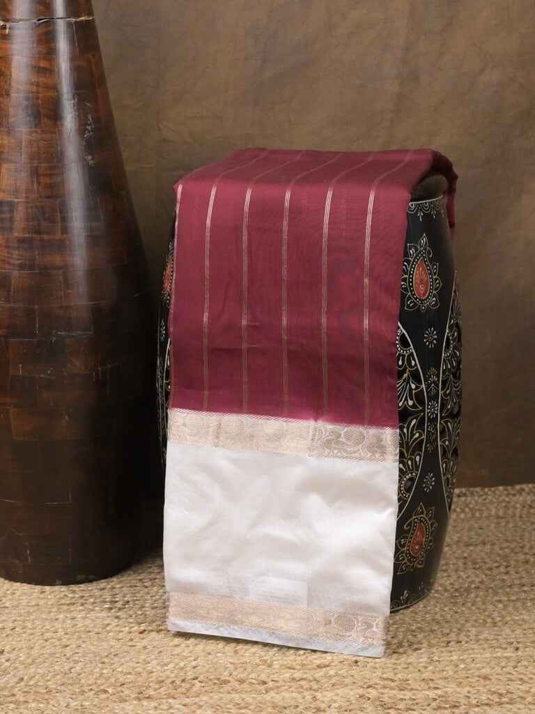 Maheshwari fancy saree maroon color allover zari motifs & zari border with zari pallu and contrast blouse