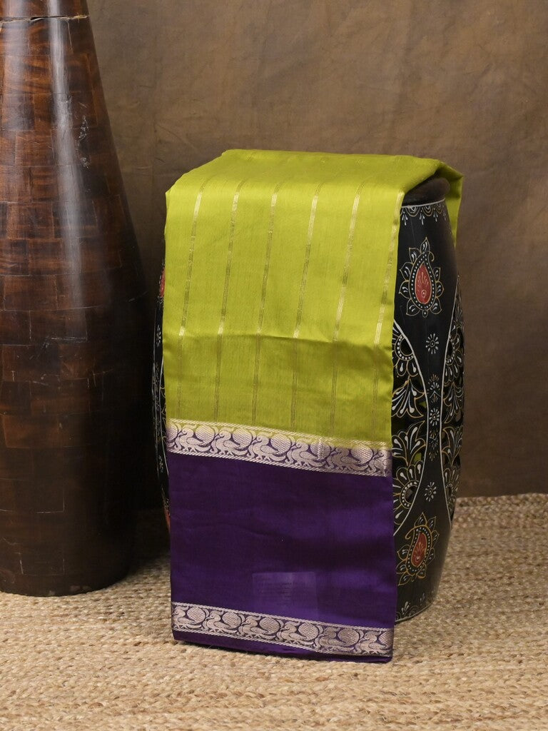 Maheshwari fancy saree parrot green color allover zari motifs & zari border with zari pallu and contrast blouse