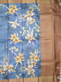 Tussar fancy saree blue color allover prints & small kaddi border with printed pallu and attached contrast plain blouse