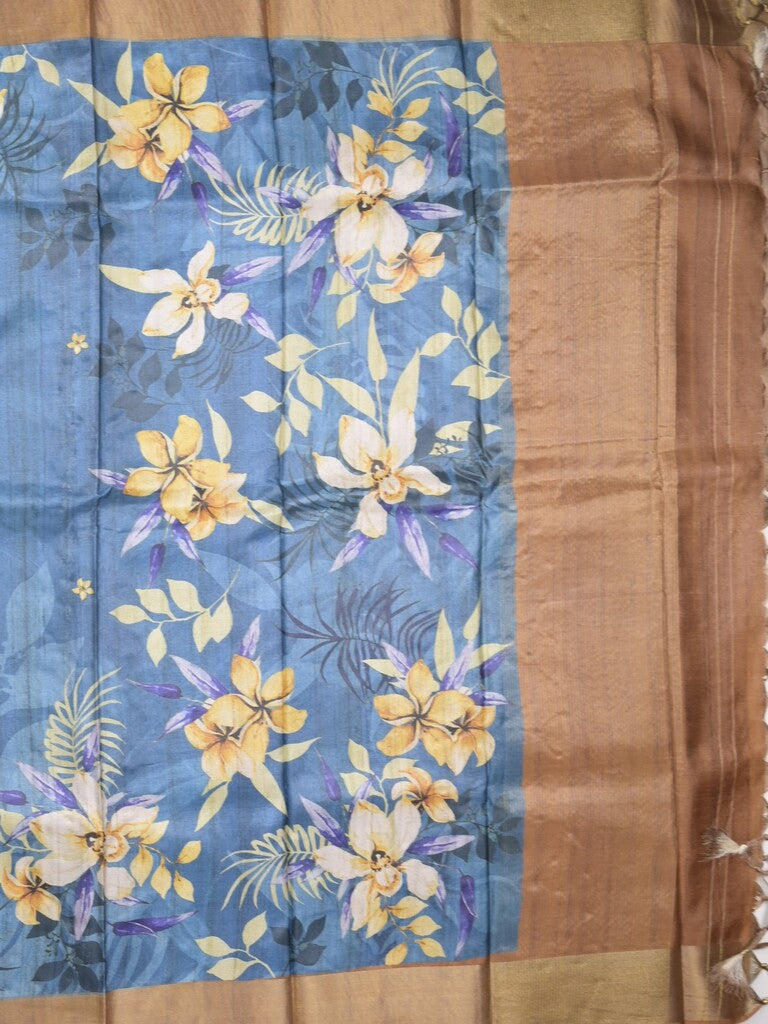 Tussar fancy saree blue color allover prints & small kaddi border with printed pallu and attached contrast plain blouse
