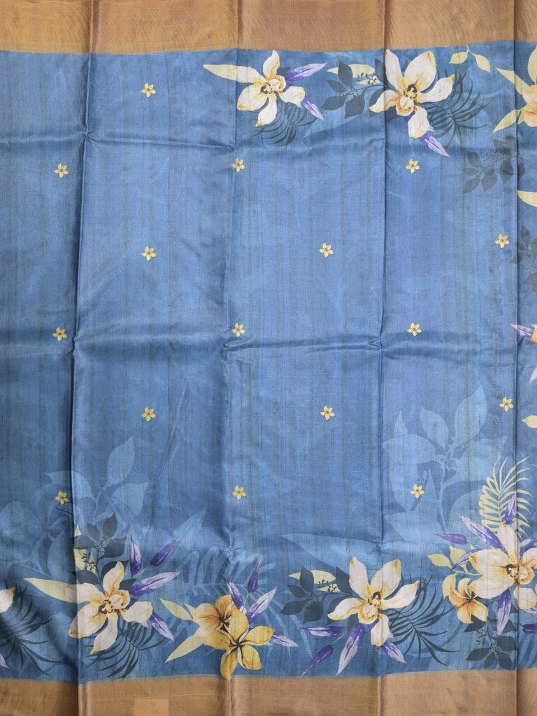 Tussar fancy saree blue color allover prints & small kaddi border with printed pallu and attached contrast plain blouse