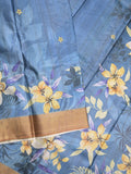Tussar fancy saree blue color allover prints & small kaddi border with printed pallu and attached contrast plain blouse