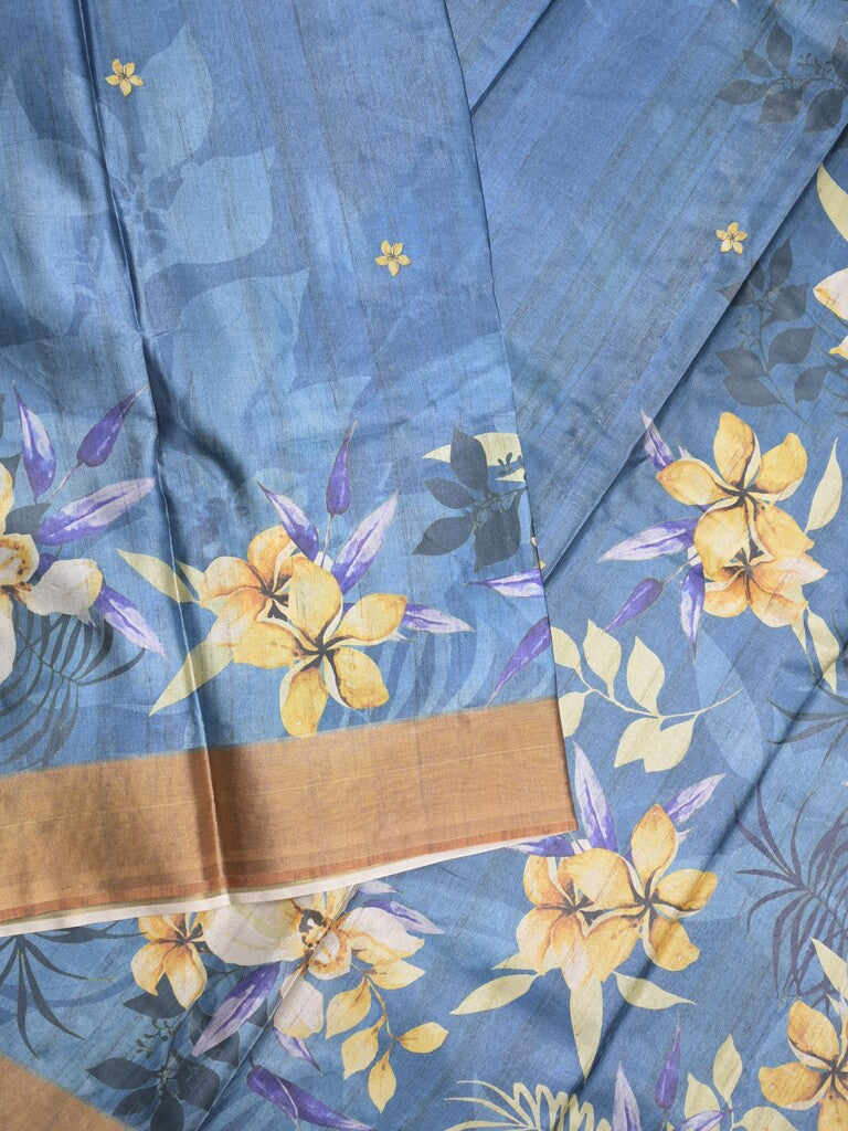 Tussar fancy saree blue color allover prints & small kaddi border with printed pallu and attached contrast plain blouse