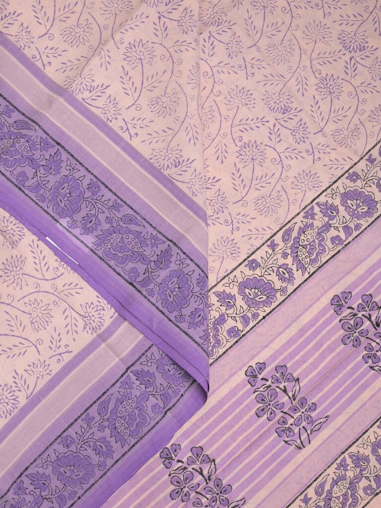 Mangalagiri cotton saree pastel purple color allover prints & contrast border with printed pallu and self blouse