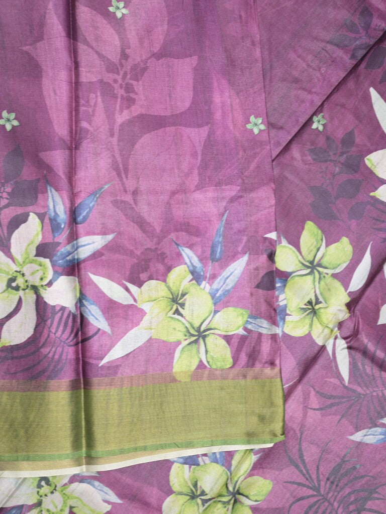 Tussar fancy saree violet color allover prints & small kaddi border with printed pallu and attached contrast plain blouse